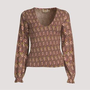 Holt Renfrew Nation LTD Brown Floral Smocked Pima Cotton Puff Sleeve Top